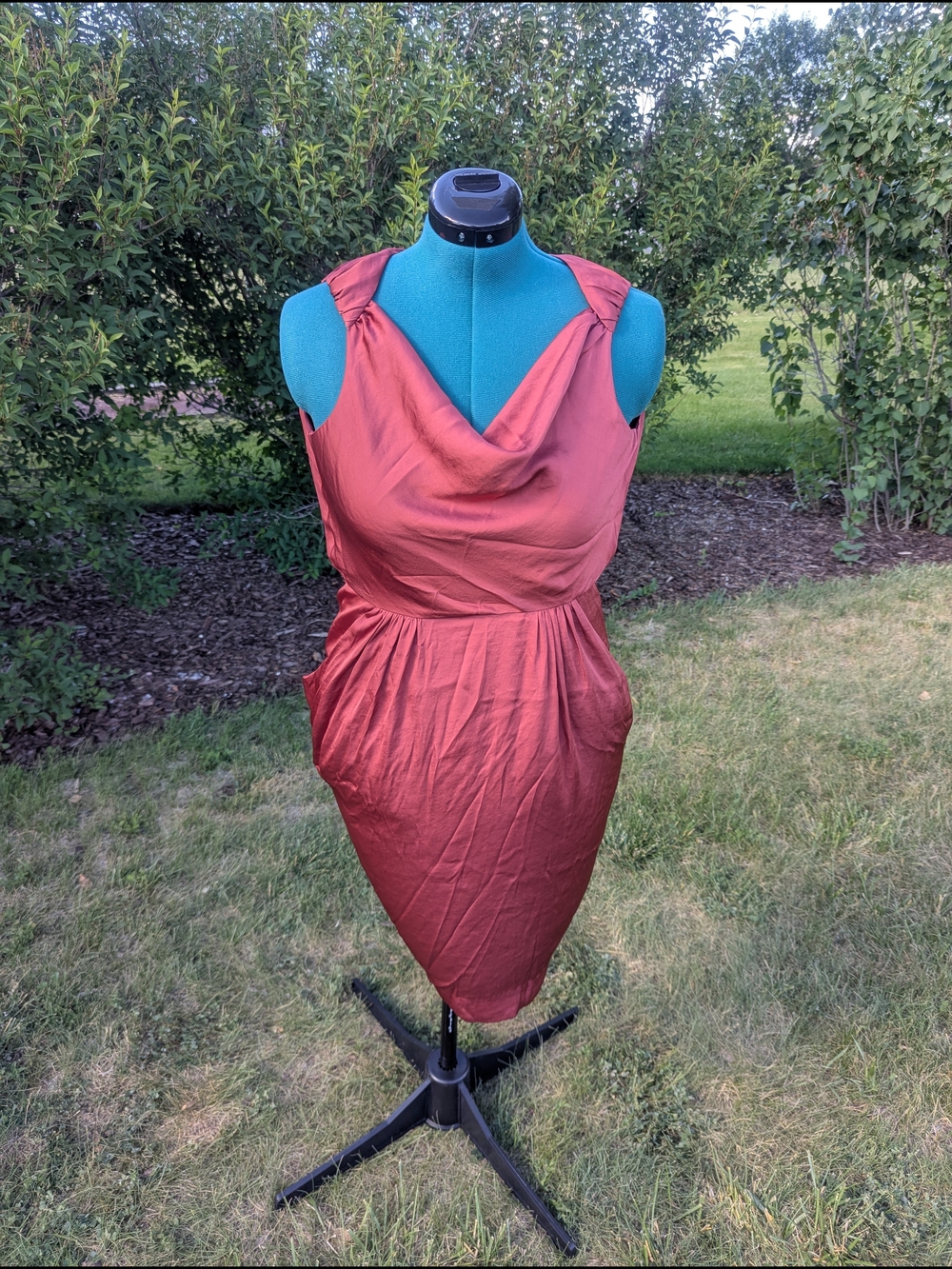 H&M Rust Red Satin Draped Sheath Dress